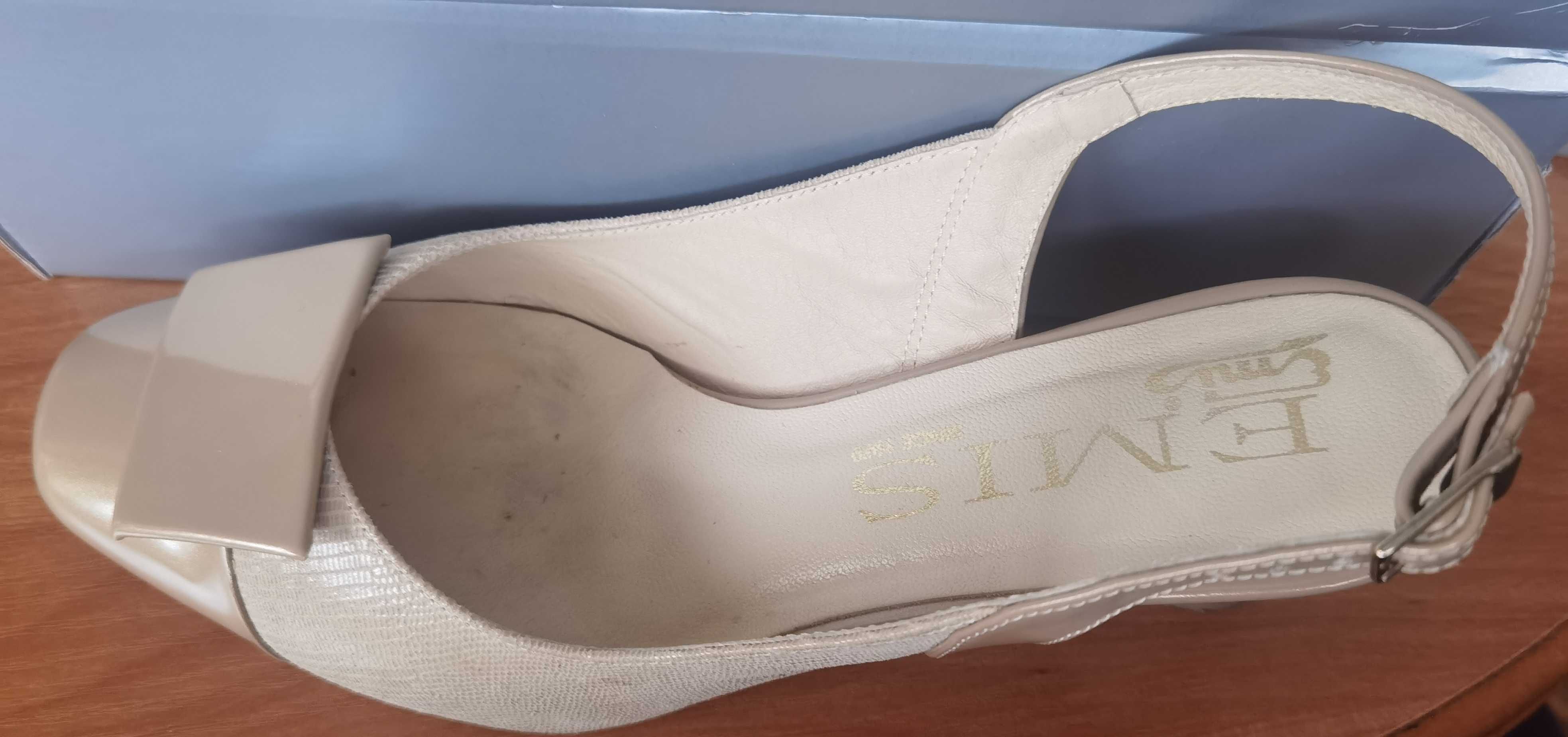 Buty damskie na obcasie - skóra, Emis, r. 40, beż/ złoty