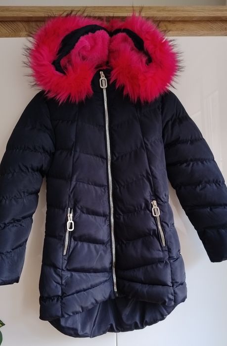 Granatowy,zimowy płaszcz,z kapturem dziewczecy