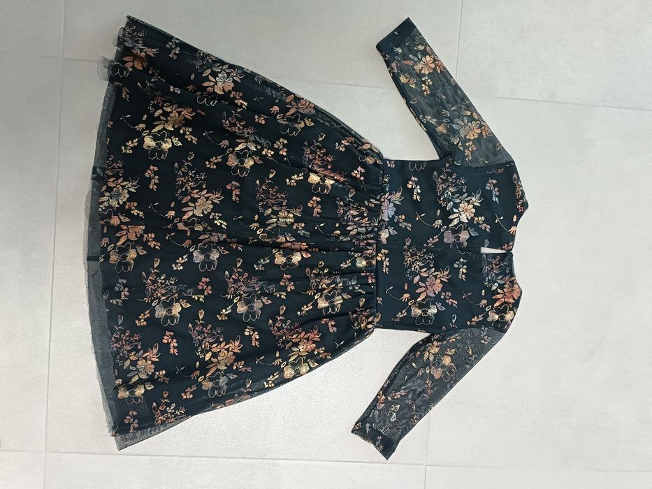 Elegancka sukienka tiulowa Mohito, złote kwiaty, 116/122, jak nowa