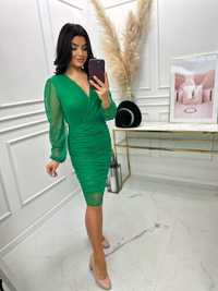 Sukienka zielona marszczona kopertowa 36,38 elegancka 40 elastyczna