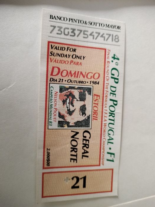 Bilhete novo de 1984 da Corrida de Fórmula 1 nunca usado