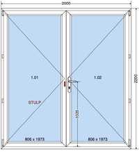 Drzwi balkonowe dwuskrzydłowe, dwustronna klamka 2000x2200