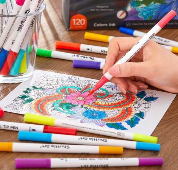 120 kolorów pisaków pędzelkowych z podwójną końcówką z 1 kolorowanką
