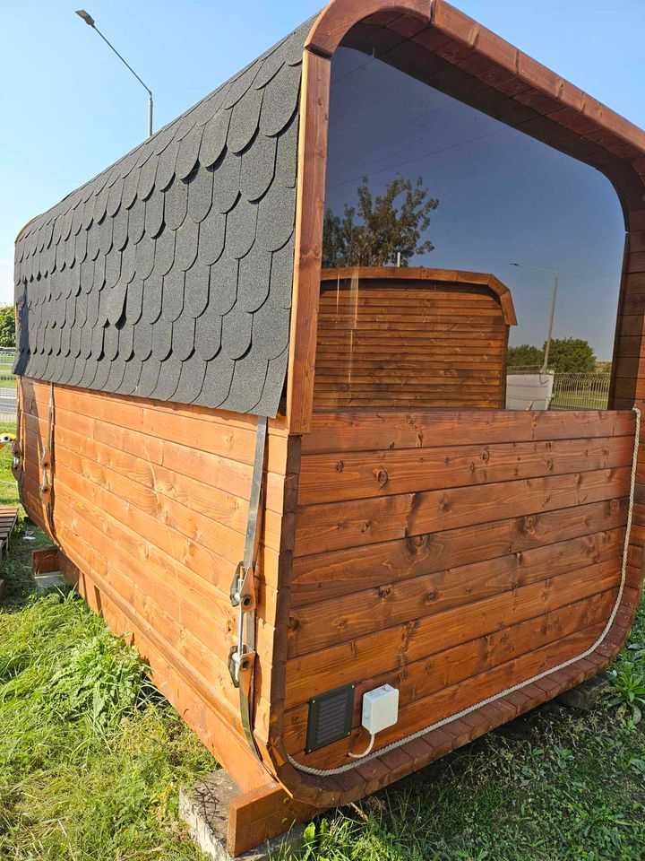 Sauna ogrodowa z piecem opalanym drewnem panorama ławeczka 1-8 osób