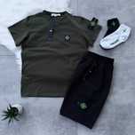 Спортивний костюм Stone Island | Футболка хакі + чорні шорти