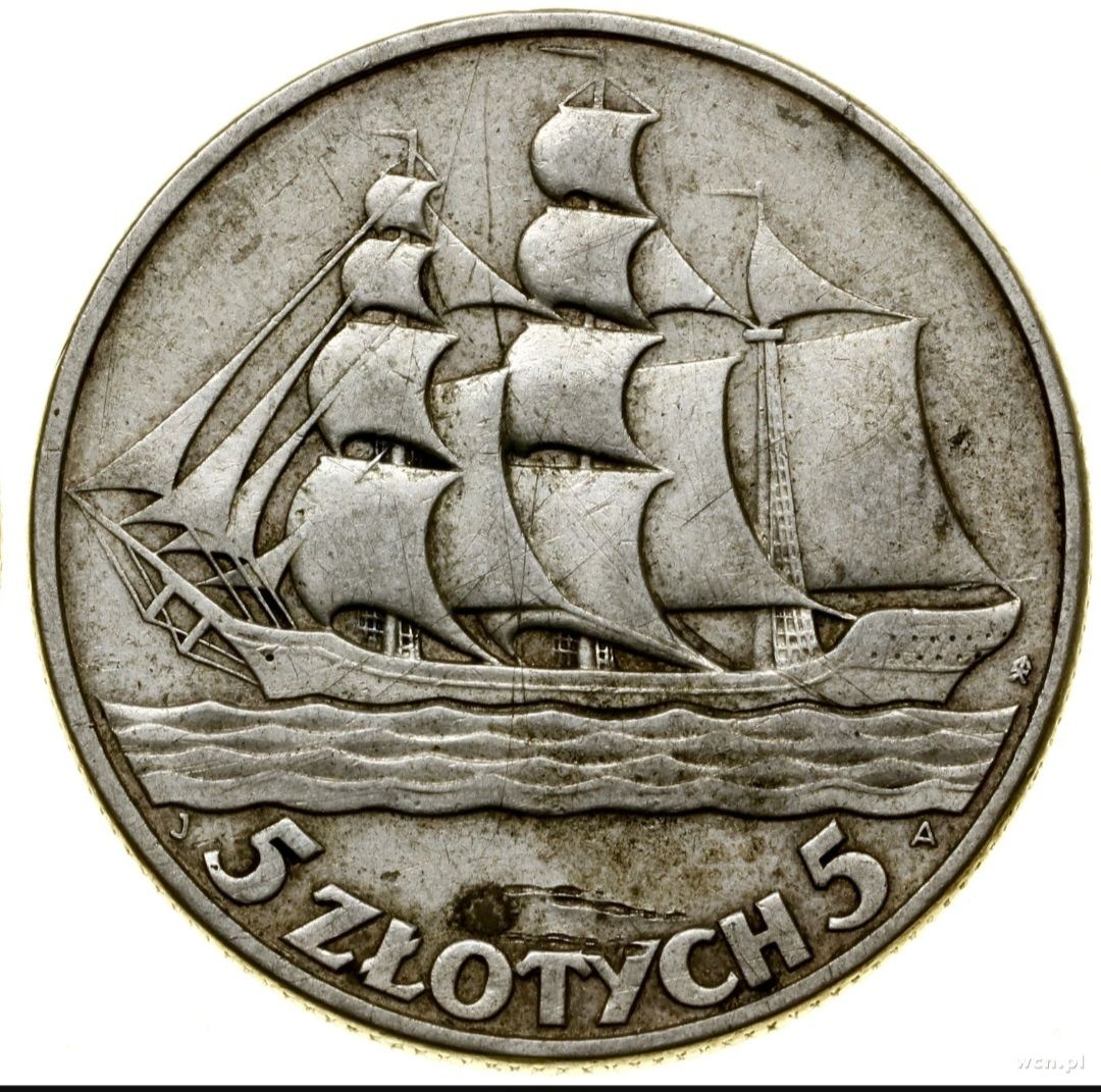 5 zł 1936 żaglowiec 15 lat portu w Gdyni srebra moneta II RP antyk