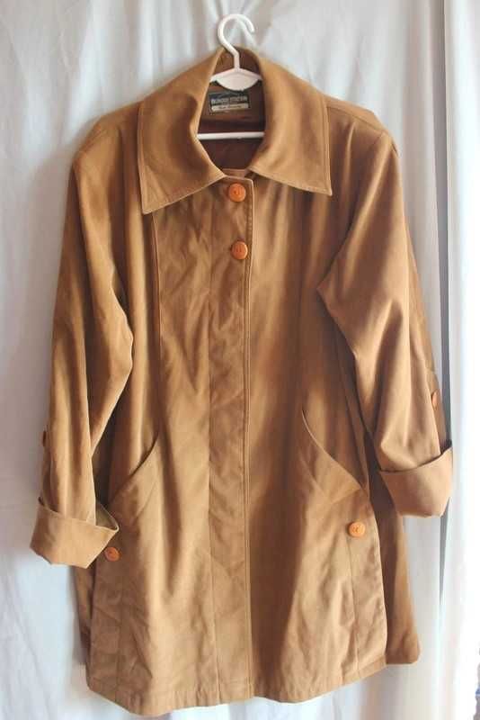 Brązowy, beżowy płaszcz kurtka narzutka vintage retro plus size