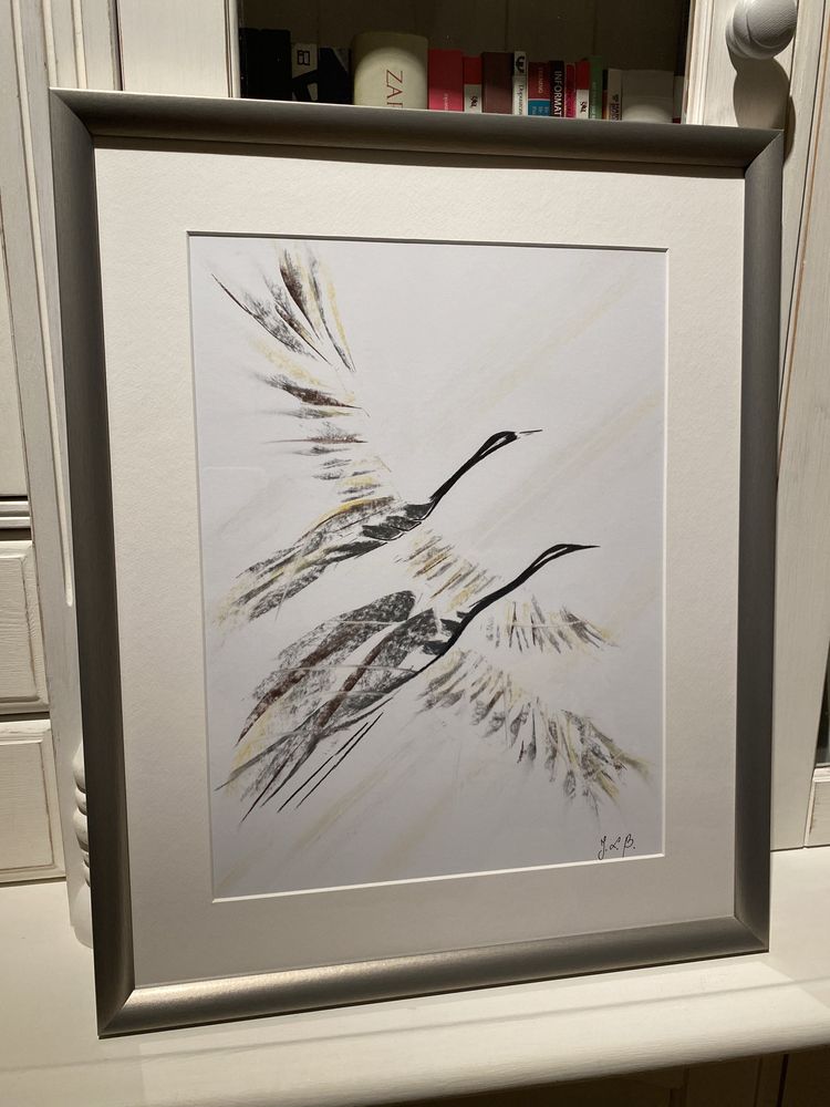 Obrazy szkice węglem żurawie 40x50 zlota ramka