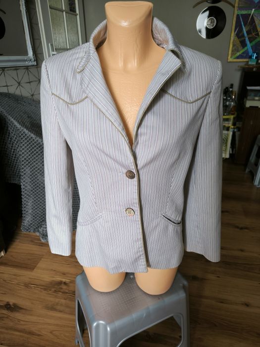Deni Cler żakiet marynarka 36 damska w prążki biała beż