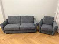 Szaroniebieska rozkładana sofa/kanapa 2 osobowa + fotel z pojemnikiem