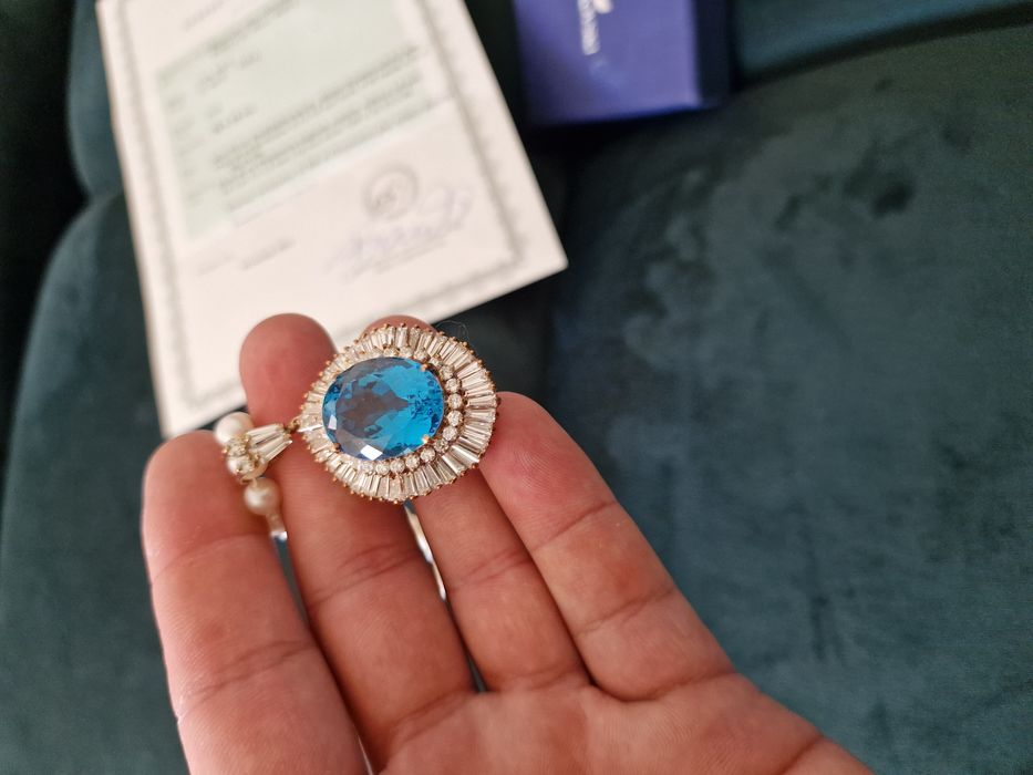 Luksusowy naszyjnik z topazem i diamentami – złoto, perły, certyfikat!