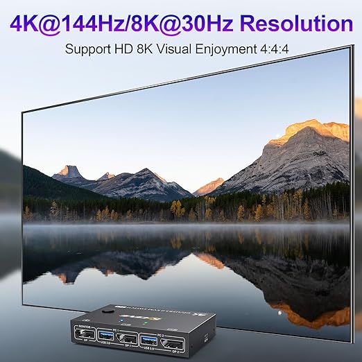 YOUTINGHDAV Przełącznik KVM USB 3.0 DisplayPort 2 PC 1 Monitor 4K 144