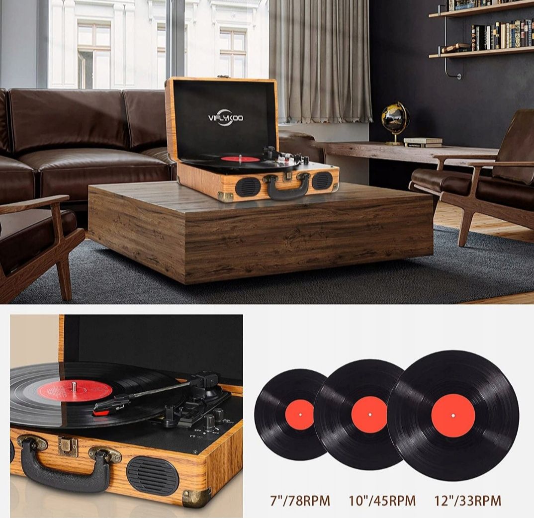 Gramofon jak nowy Walizka drewniana Viflykoo okazja USB bluetooth