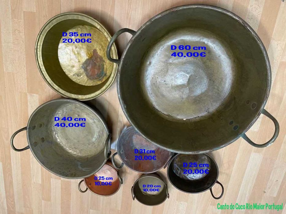 sete tachos em cobre antigo o maior está furado, preços individuais