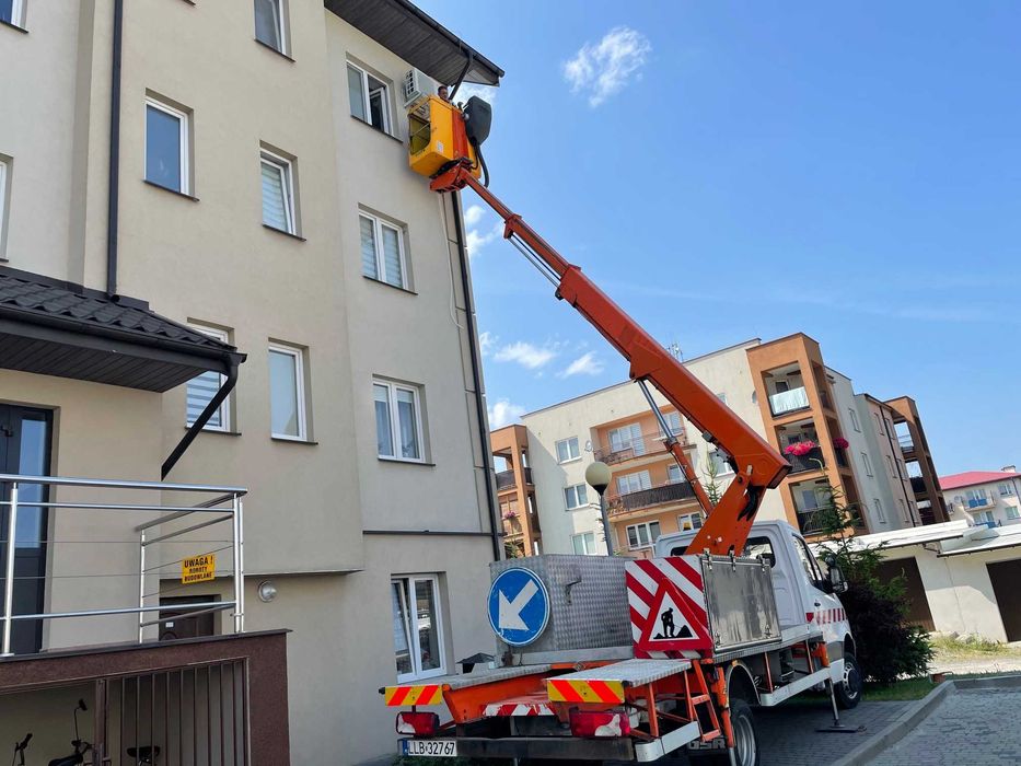 Wynajem podnośnika zwyżki myce elewacji czyszczenie rynien wycinka