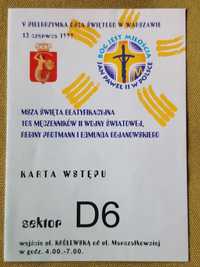 Karta wstępu bilet pielgrzymka msza 1999