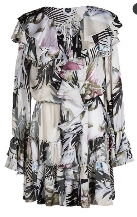 Satynowa Subtelna, zwiewna sukienka z falbanami w kwiaty, rozmiar S