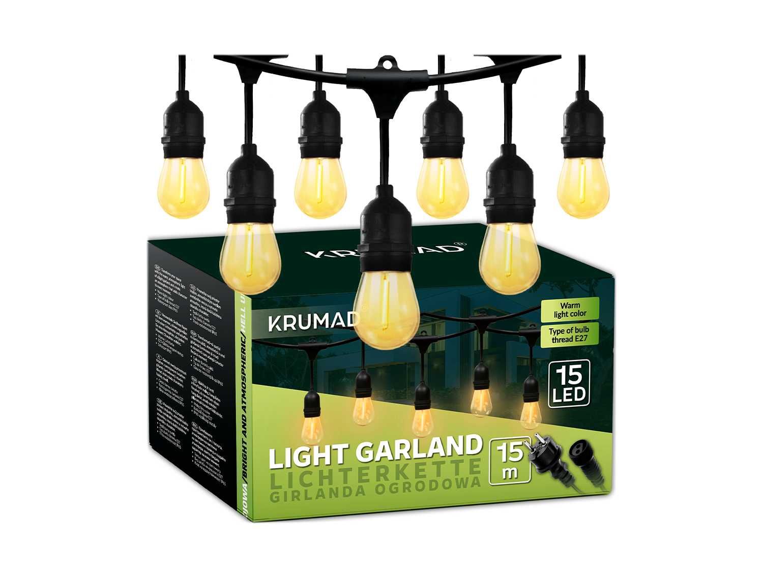 girlanda ogrodowa led świetlna lampki ogrodowe 15m x e27 żarówka 1w