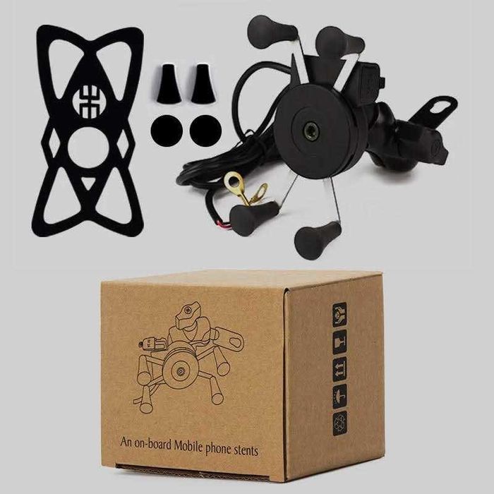 Suporte telemóvel USB garras 4 pontos fixação espelho cafe racer