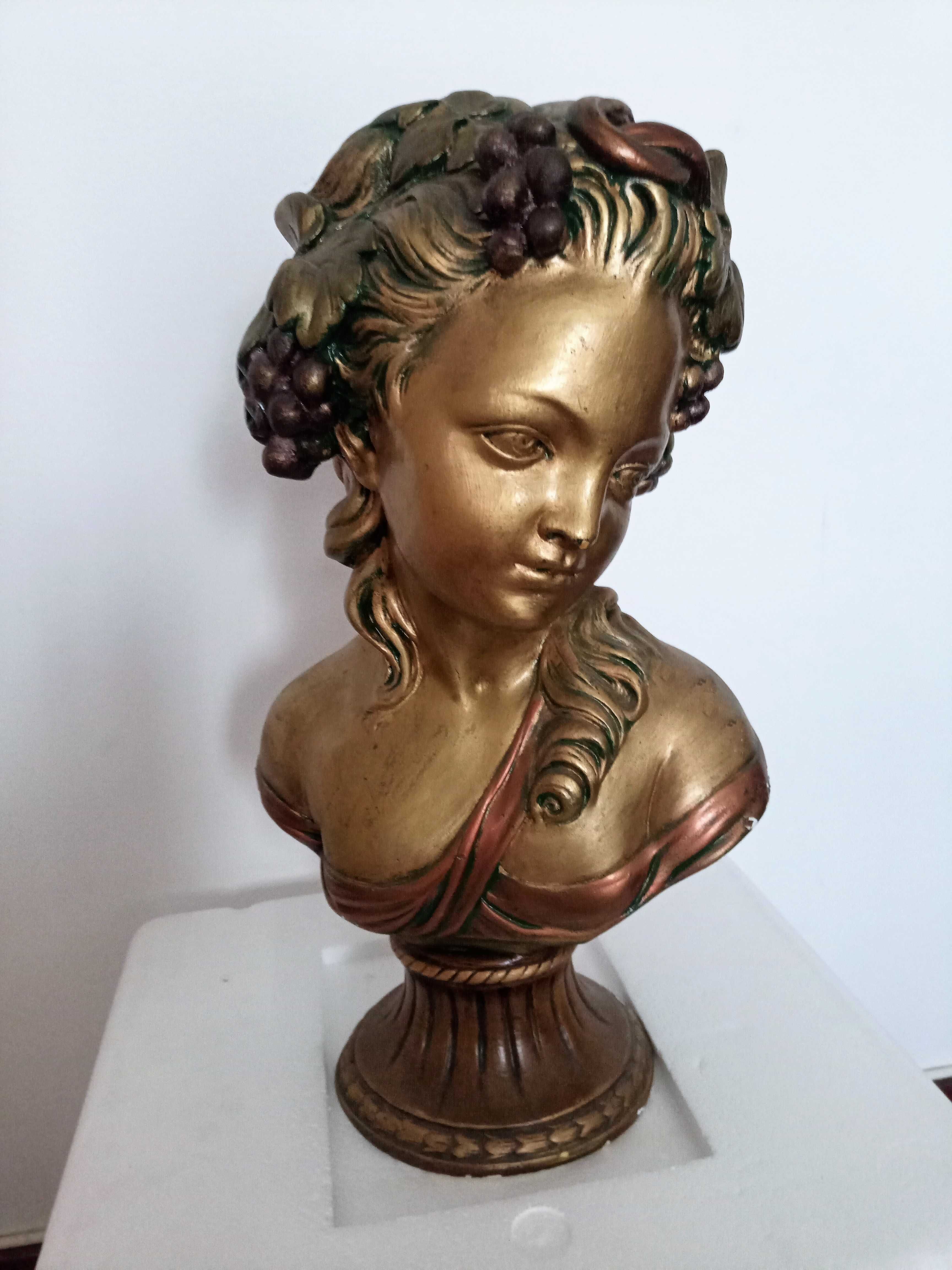 Estatueta Busto filha Deus Baco em gesso dourado c/ patine 42 cm Alt