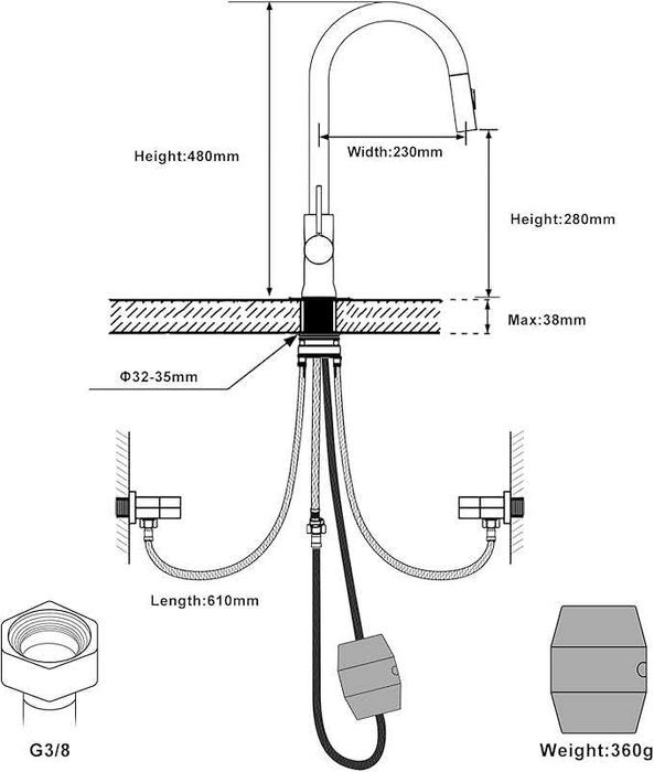 LUROON Bateria Kuchenna z Wyciąganą Wylewką 2 Tryby Natrysku 360°