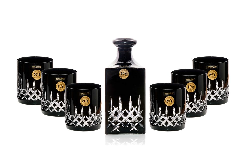 Zestaw Whisky Karafka + 6 szklanek Kryształ 24% pbo hand made BLACK