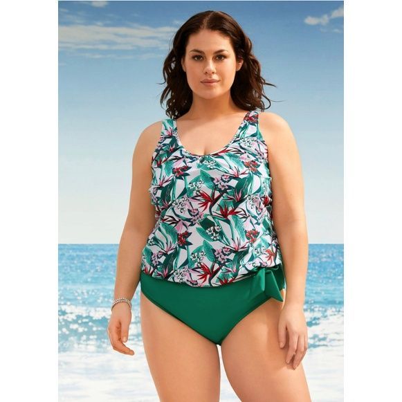 Bonprix 2 cz tankini z kokardą wzór roślinny 38