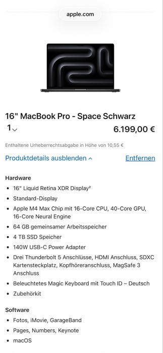 Apple Macbook Pro 16 2024 M4 Max 16/40C 64GB RAM 4TB SSD Space Black