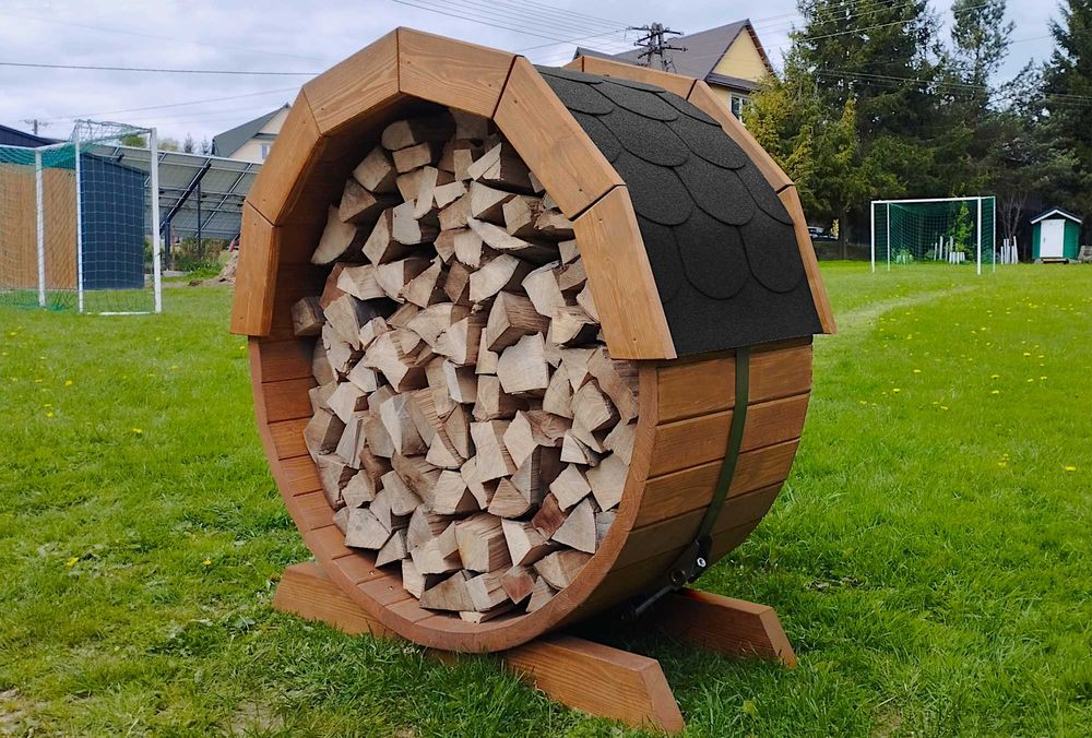Wiata na drewno Beczka - DREWUTNIA - Regał - Stojak na drewno DO SAUNY
