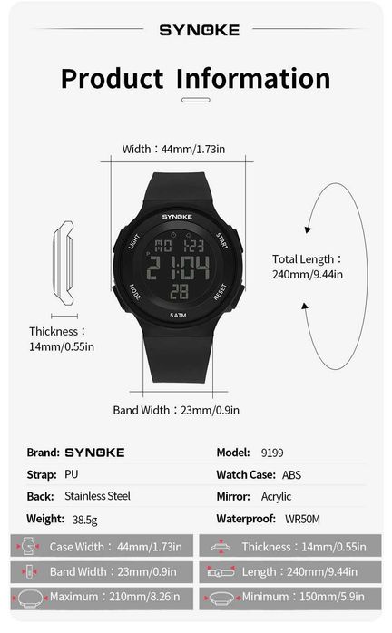 Czarny zegarek męski Synoke 42mm elektroniczny cyfrowy sportowy WR50