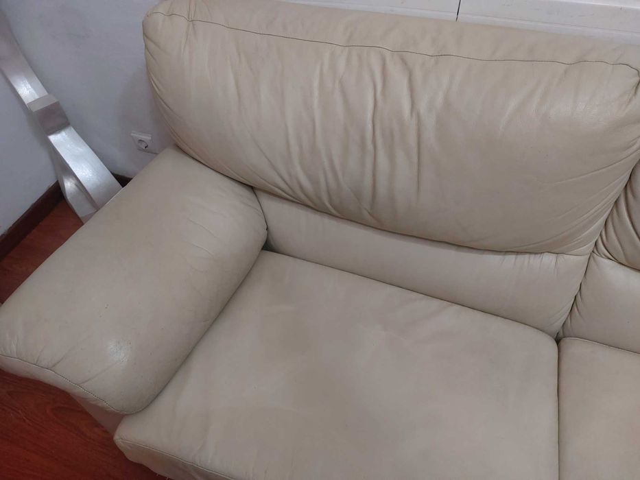 Conjunto de 2 Sofás em Pele Genuína Bege – 3 e 2 Lugares