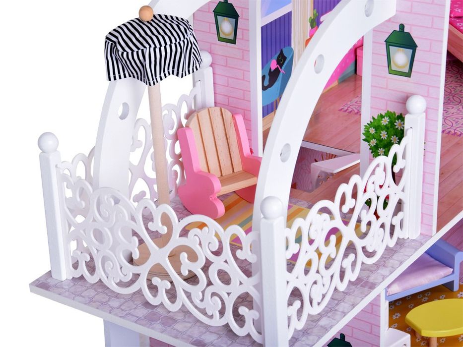 Duży Ażurowy Domek drewniany dla lalek + Winda Garaż Balkon Meble