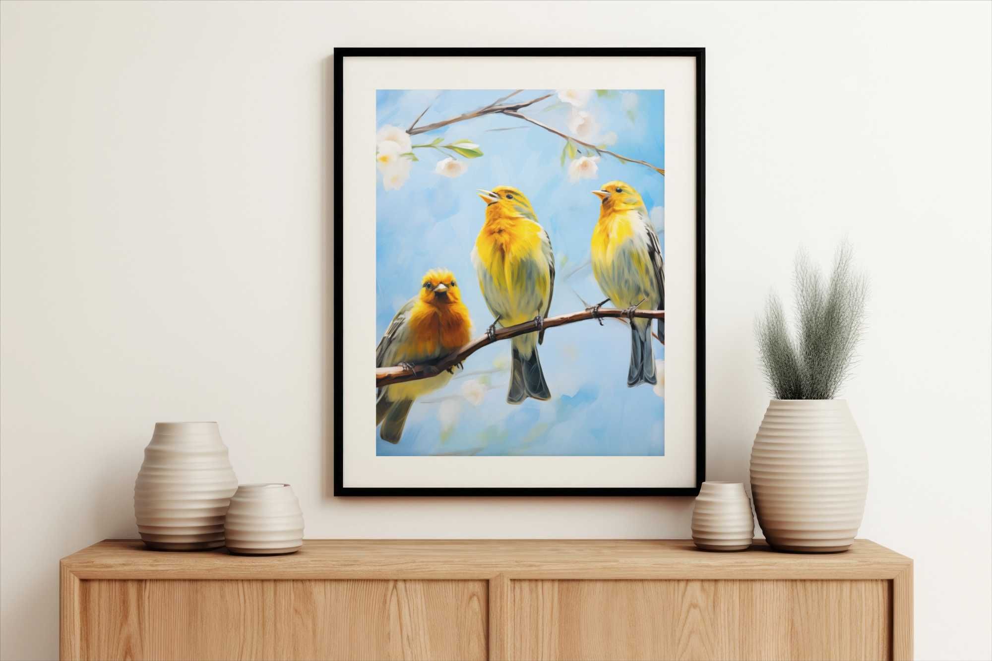 Plakat 50x50cm Wiosenne Pogwizdy | Ptaki Kanarki Niebo do SALONU