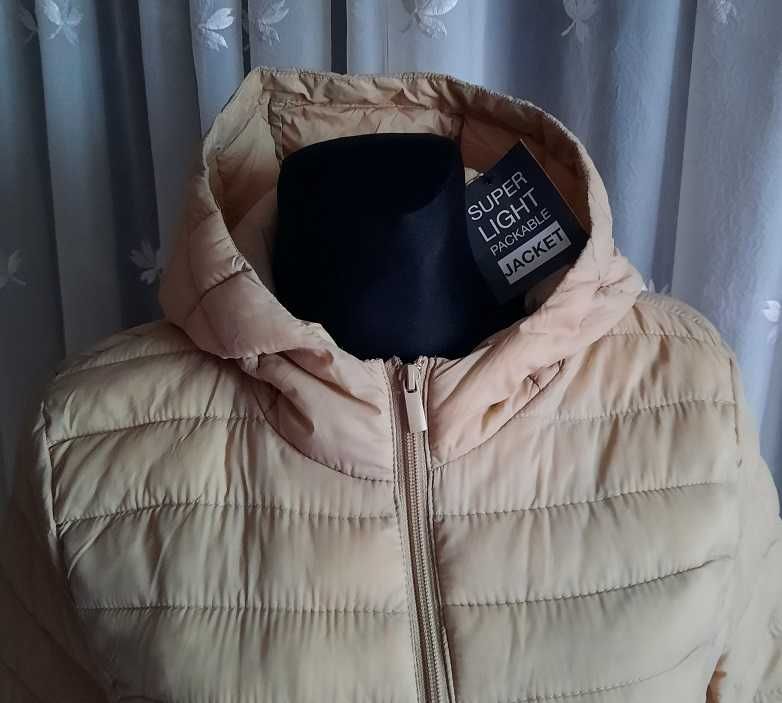 Primark nowy lekki pikowany puchowy płaszcz kurtka z kapturem beż S