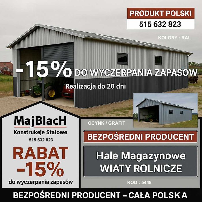 Hala - Wiata Złoty Dąb|Garaż Blaszany|RABAT -15% | PRODUCENT Maj-Blach