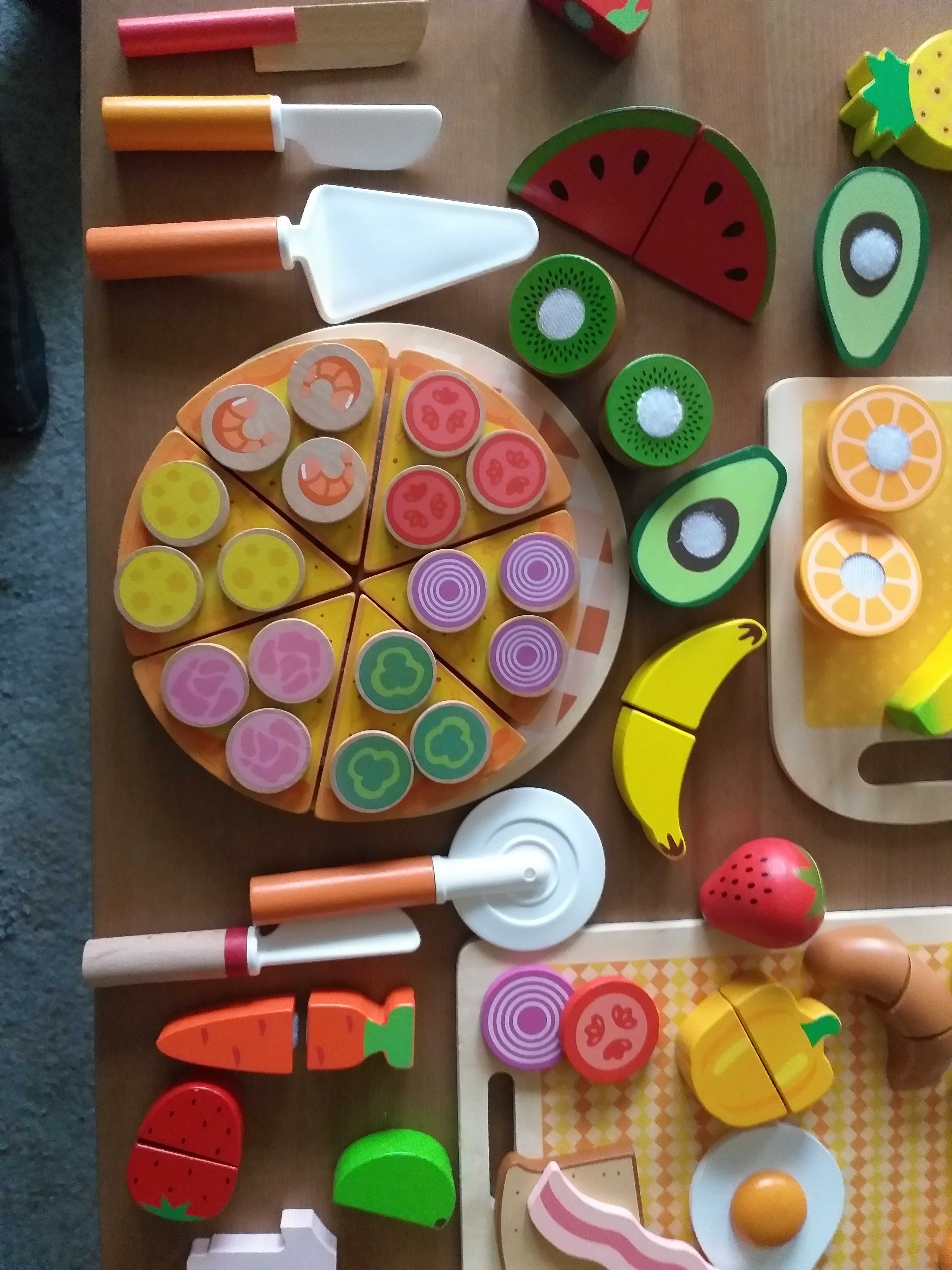 Drewniane zabawki pizza, owoce, tort - super zestaw