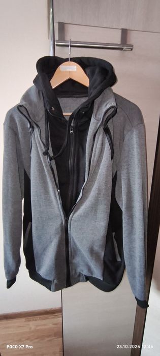 Szaro czarna bluza długa, ciepła z kapturem L