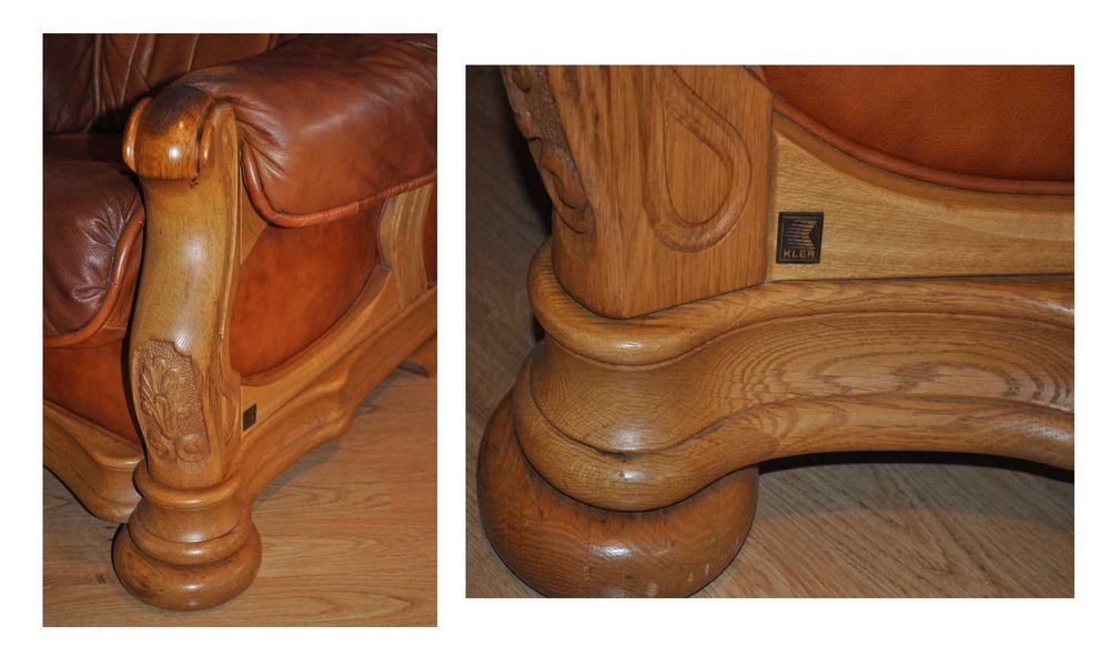 KOMPLET KLER (3+2+1) skóra nat. rzeźbiony dąb!