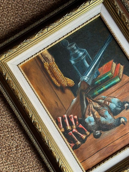 Quadro pintura com motivos de caça a óleo assinada