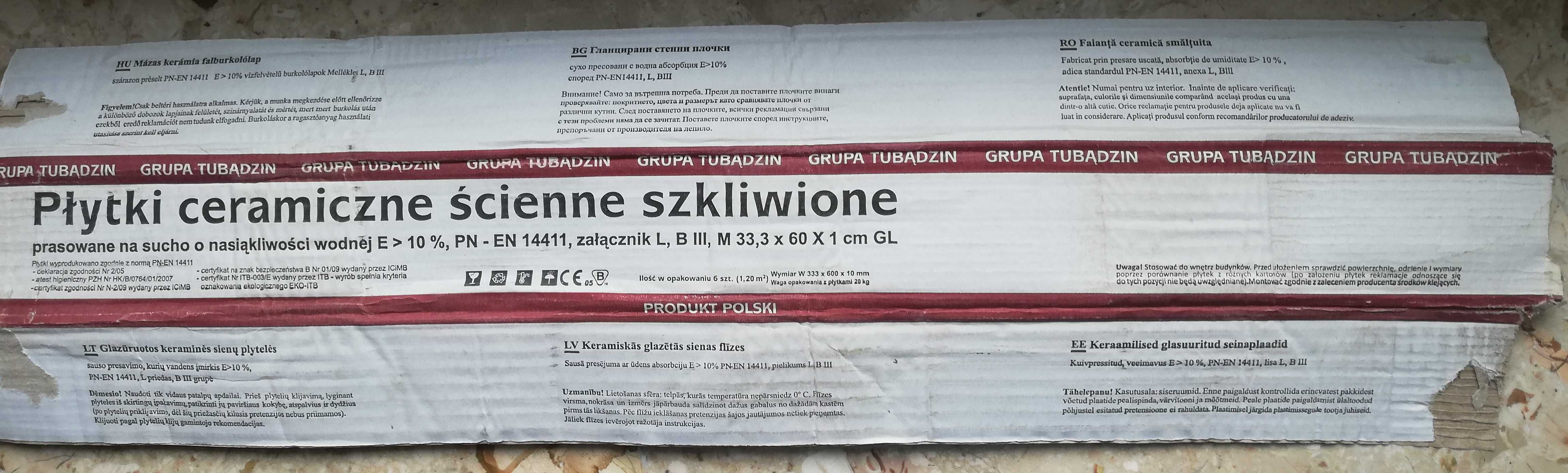 Płytki ceramiczne szkliwioneTubądzin 1.2 m2  /6szt