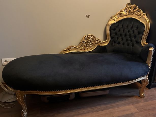 Przepiękny Ludwik szezlong ludwikowski czarny złoty drewno kanapa sofa