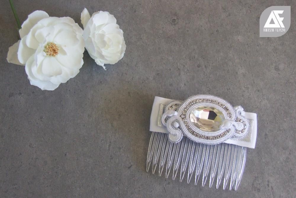 Grzebyk ślubny ślub biżuteria spinka do włosów sutasz biały prezent