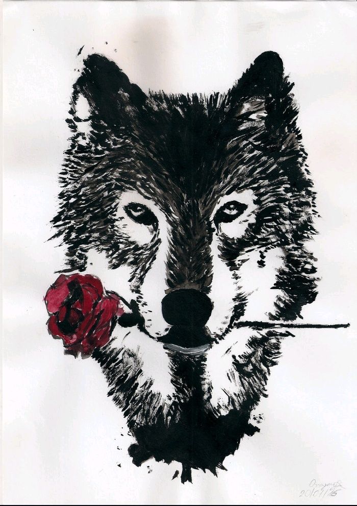 Rysunek/obraz wilk z różą akryl na bloku technicznym