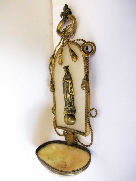 antiga francesa Pia de Água Benta-madre perola+alabastra+latão dourado