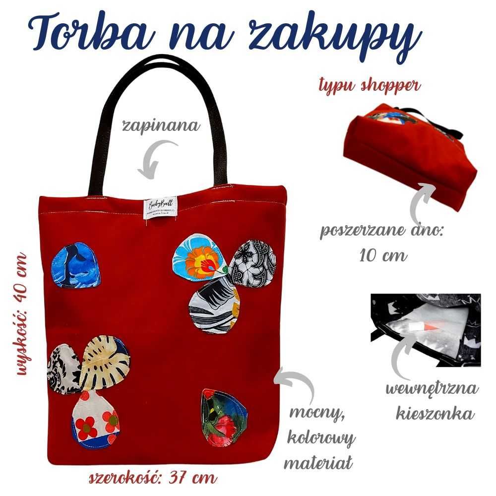 Torba na zakupy eko shopperka na ramię do ręki  – BORDOWA Z APLIKACJĄ
