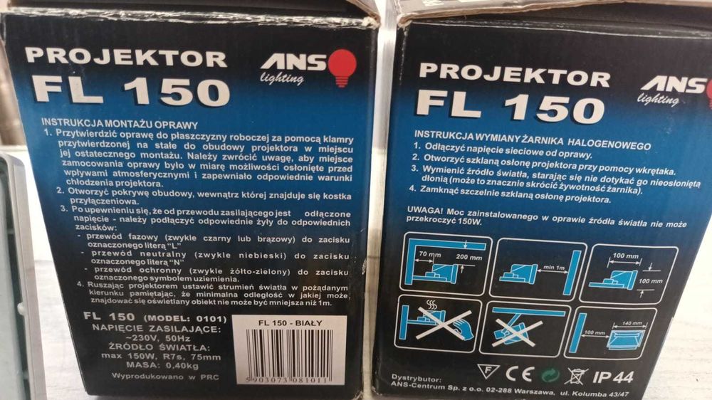 Lampa Halogen Projektor FL 150 Biały NOWE + żarówki halogenowe
