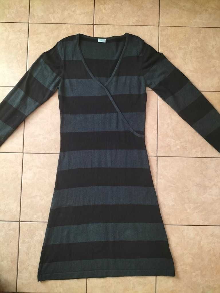 M&S Szara Zimowa Sukienka w pasy MIDI r. 38/40