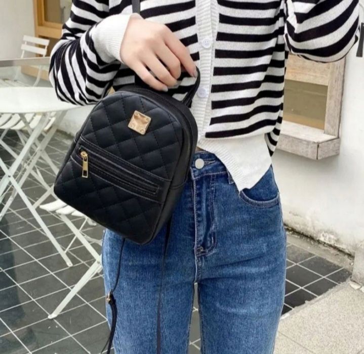 Modny i elegancki mini plecak czarny ze skóry PU