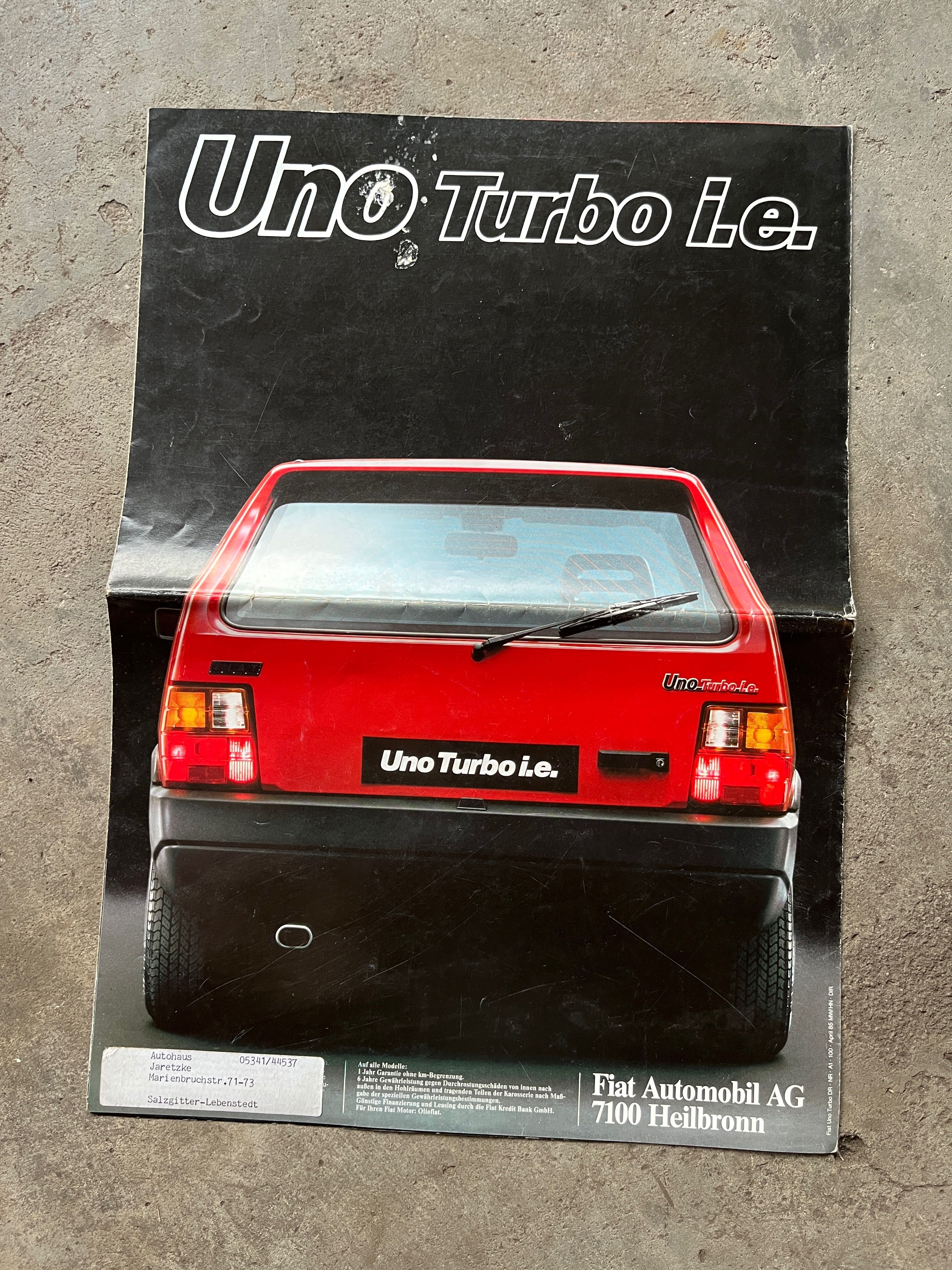 Duży (A3) Prospekt 1985 Fiat Uno Turbo 42x29cm unikat lata 80