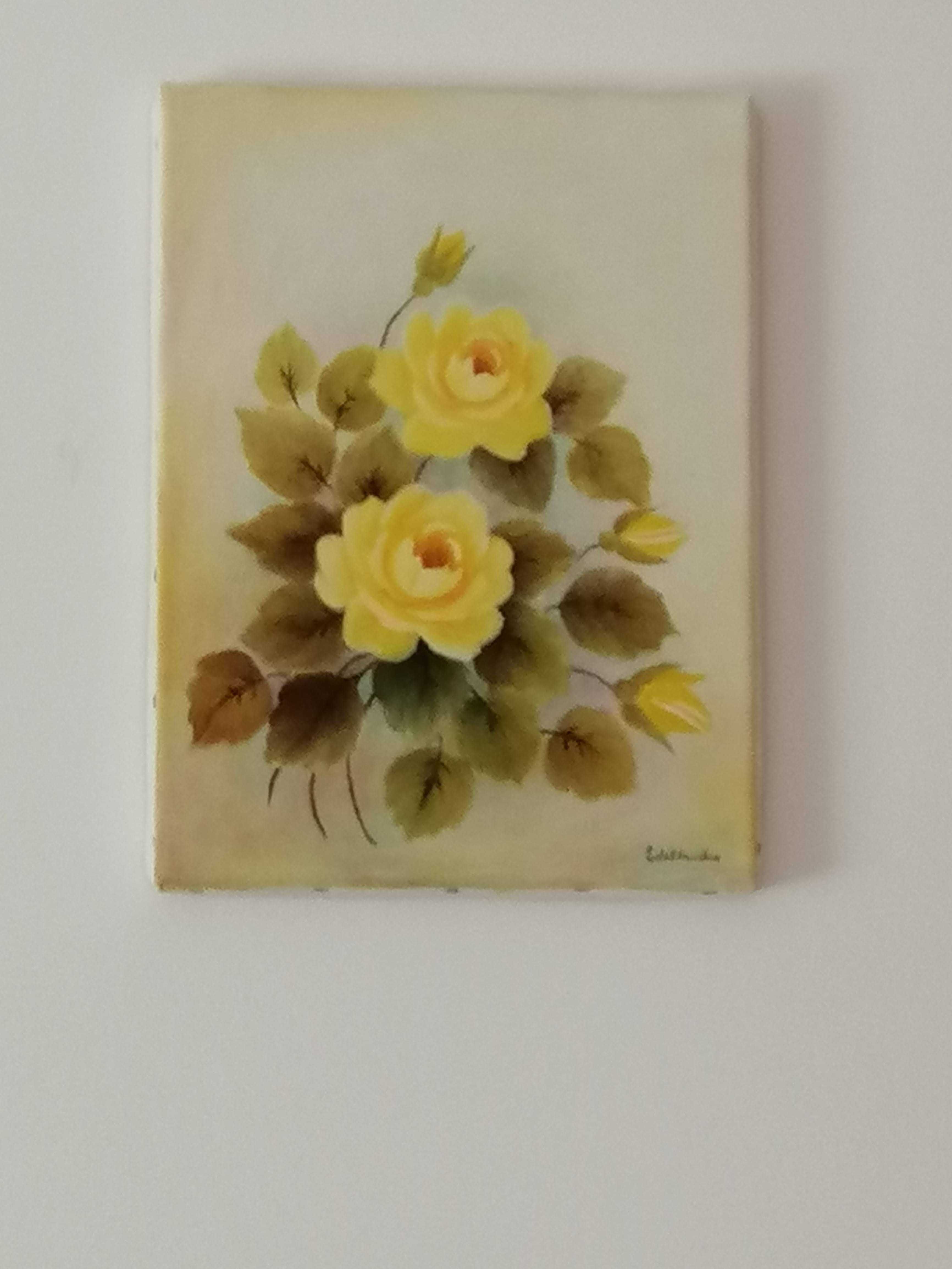 2 Quadros - Pinturas a óleo  s/ tela - rosas amarelas e jarros brancos